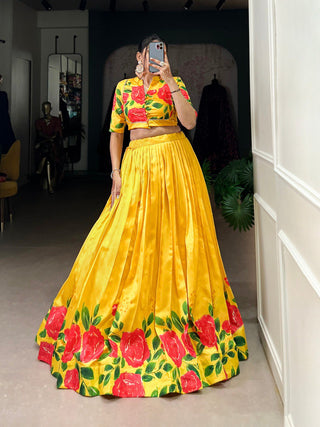 Yellow Elegant Tussar Silk Floral Print Lehenga Set – Stitched with Adjustable Blouse ClothsVilla