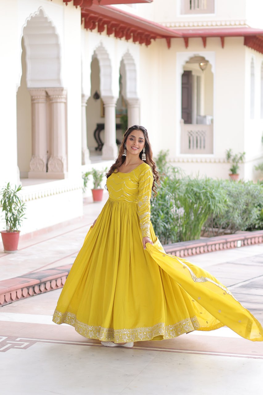 Yellow Elegant Vichitra Silk Sequin Embroidered Gown with Dupatta – Designer Full-Sleeve Square Neck Gown with Cotton Lining & 3-Meter Flair ClothsVilla