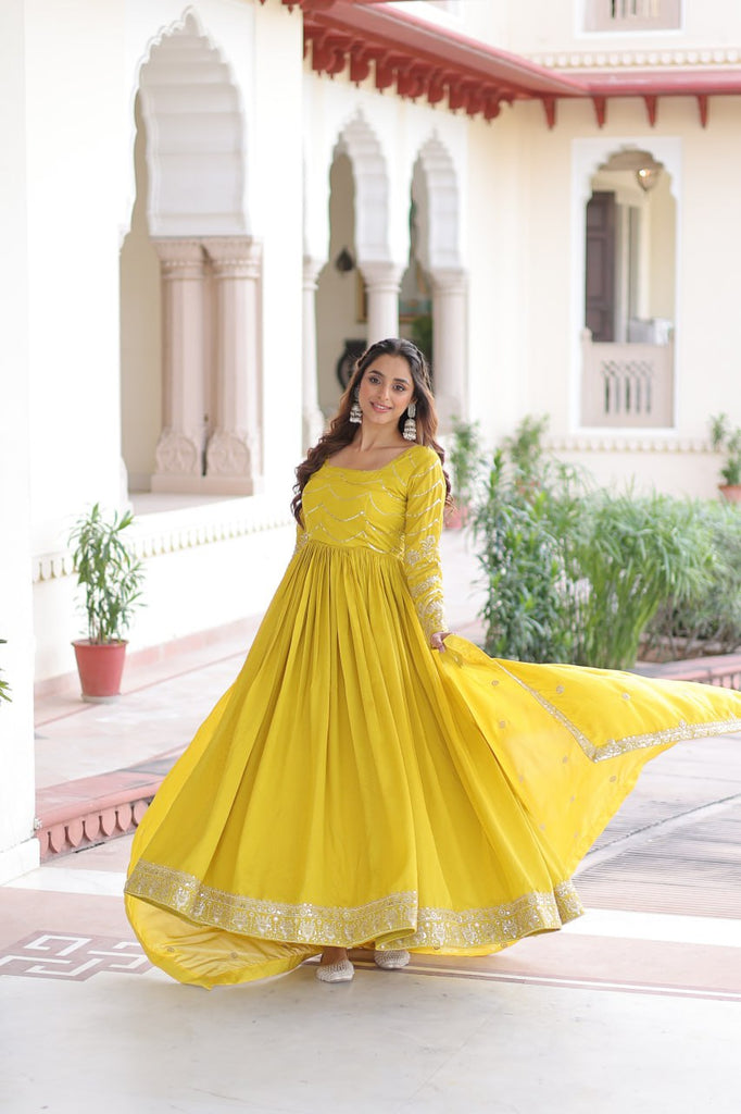 Yellow Elegant Vichitra Silk Sequin Embroidered Gown with Dupatta – Designer Full-Sleeve Square Neck Gown with Cotton Lining & 3-Meter Flair ClothsVilla