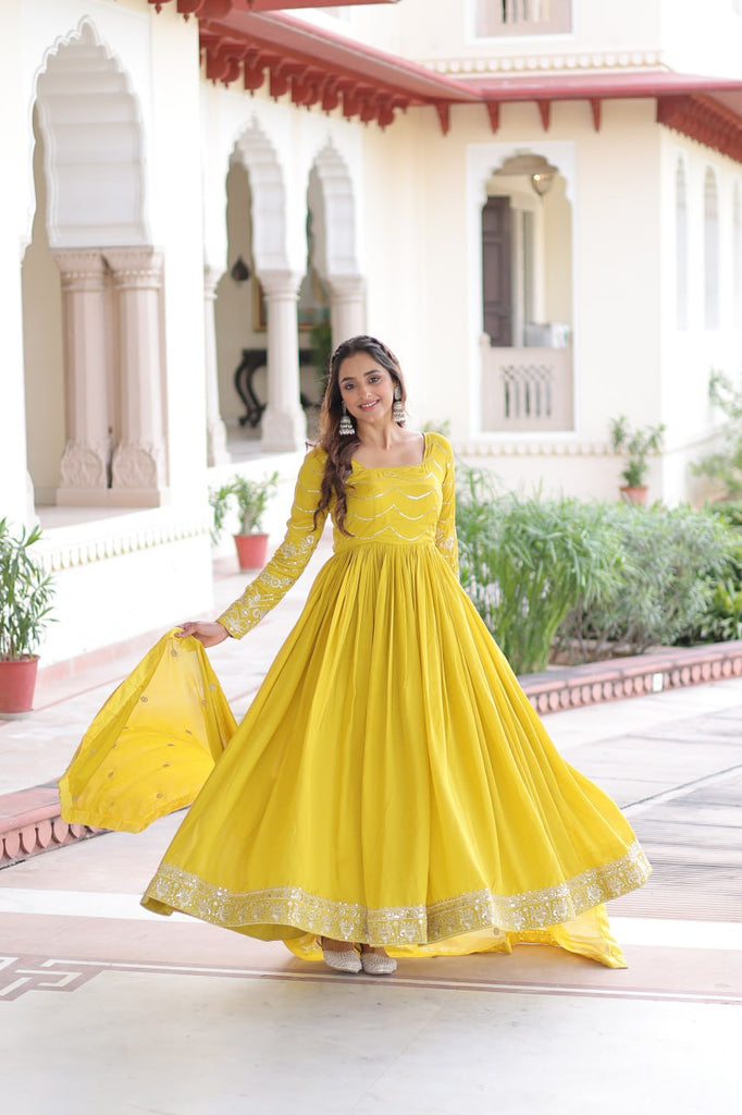 Yellow Elegant Vichitra Silk Sequin Embroidered Gown with Dupatta – Designer Full-Sleeve Square Neck Gown with Cotton Lining & 3-Meter Flair ClothsVilla
