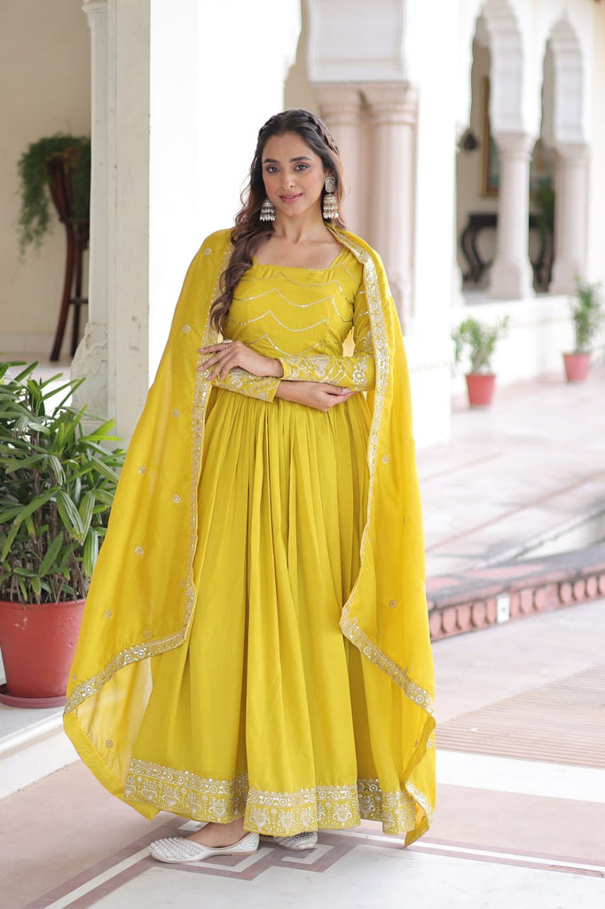 Yellow Elegant Vichitra Silk Sequin Embroidered Gown with Dupatta – Designer Full-Sleeve Square Neck Gown with Cotton Lining & 3-Meter Flair ClothsVilla