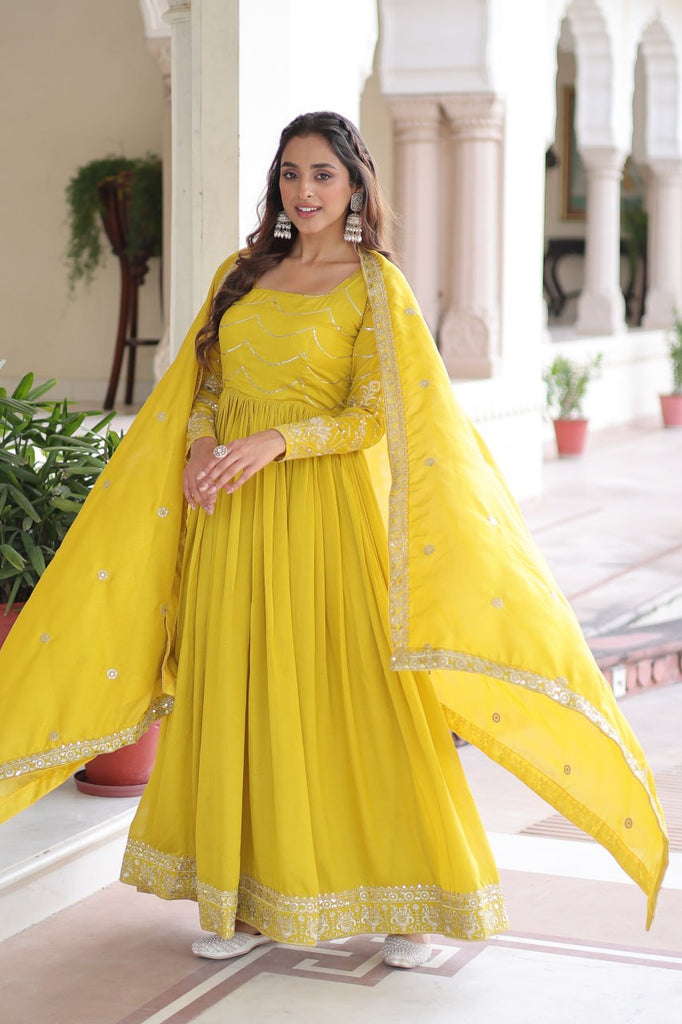 Yellow Elegant Vichitra Silk Sequin Embroidered Gown with Dupatta – Designer Full-Sleeve Square Neck Gown with Cotton Lining & 3-Meter Flair ClothsVilla