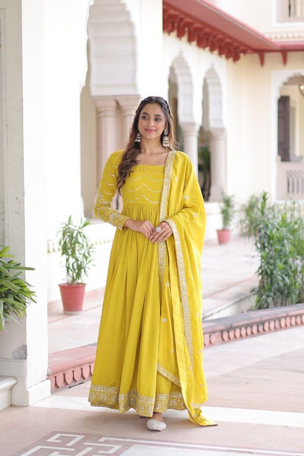 Yellow Elegant Vichitra Silk Sequin Embroidered Gown with Dupatta – Designer Full-Sleeve Square Neck Gown with Cotton Lining & 3-Meter Flair ClothsVilla