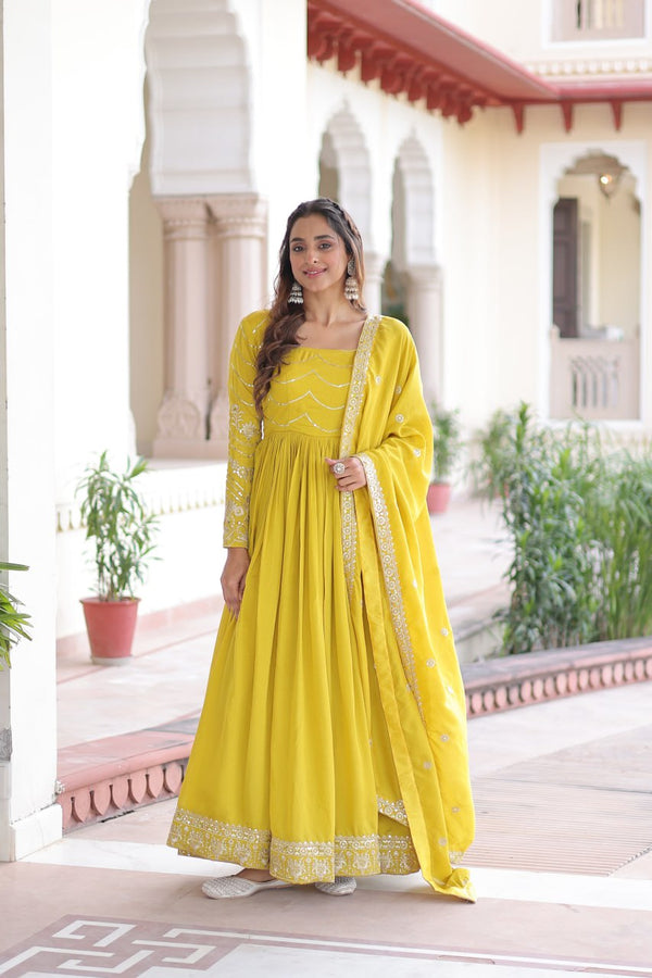 Yellow Elegant Vichitra Silk Sequin Embroidered Gown with Dupatta – Designer Full-Sleeve Square Neck Gown with Cotton Lining & 3-Meter Flair ClothsVilla