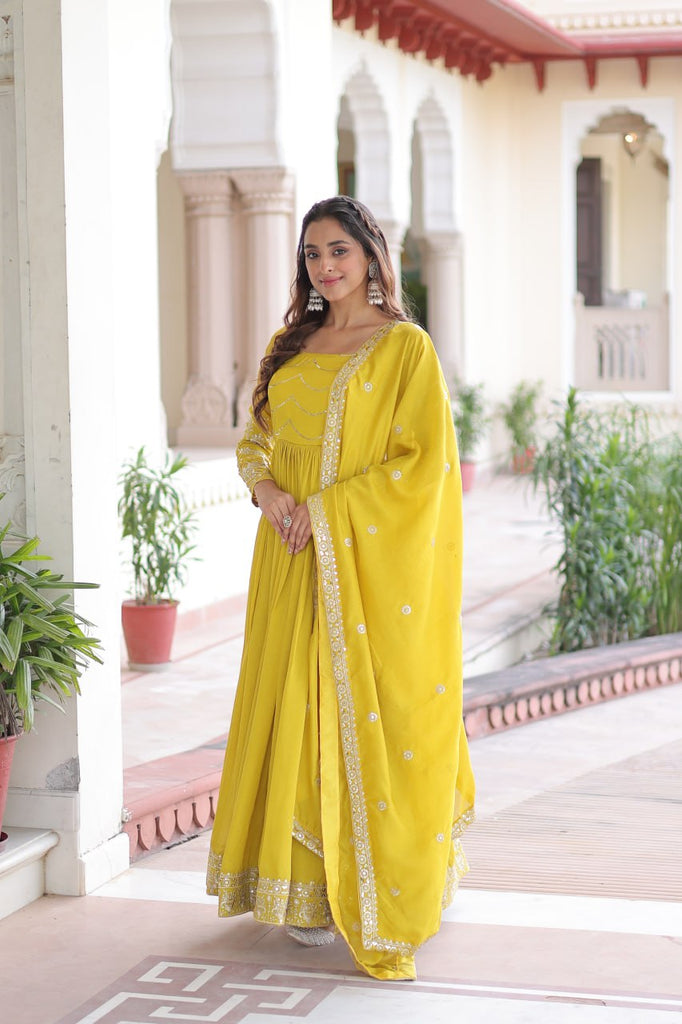 Yellow Elegant Vichitra Silk Sequin Embroidered Gown with Dupatta – Designer Full-Sleeve Square Neck Gown with Cotton Lining & 3-Meter Flair ClothsVilla