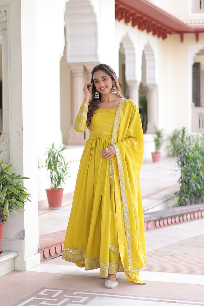 Yellow Elegant Vichitra Silk Sequin Embroidered Gown with Dupatta – Designer Full-Sleeve Square Neck Gown with Cotton Lining & 3-Meter Flair ClothsVilla