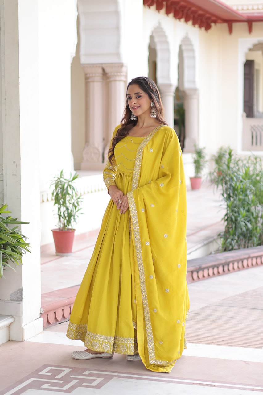 Yellow Elegant Vichitra Silk Sequin Embroidered Gown with Dupatta – Designer Full-Sleeve Square Neck Gown with Cotton Lining & 3-Meter Flair ClothsVilla