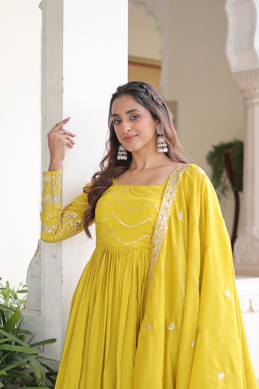 Yellow Elegant Vichitra Silk Sequin Embroidered Gown with Dupatta – Designer Full-Sleeve Square Neck Gown with Cotton Lining & 3-Meter Flair ClothsVilla