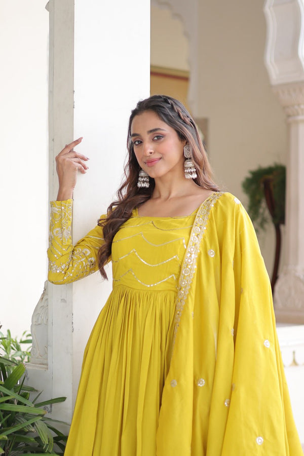 Yellow Elegant Vichitra Silk Sequin Embroidered Gown with Dupatta – Designer Full-Sleeve Square Neck Gown with Cotton Lining & 3-Meter Flair ClothsVilla