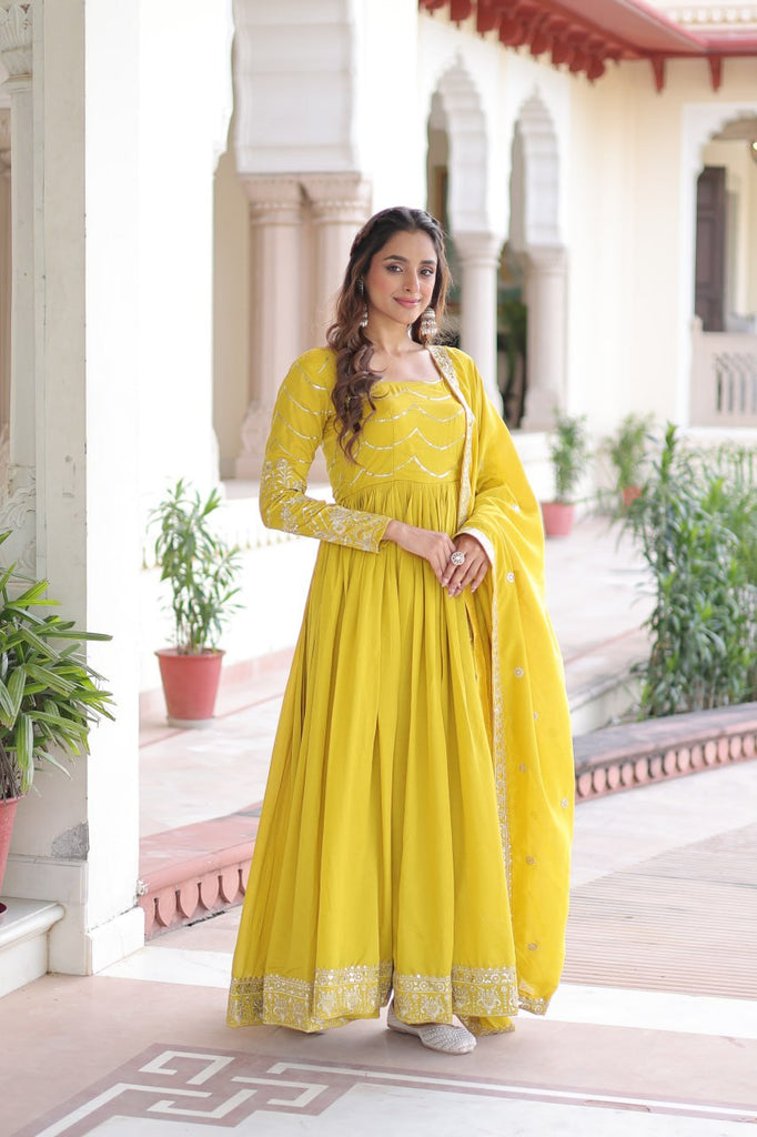 Yellow Elegant Vichitra Silk Sequin Embroidered Gown with Dupatta – Designer Full-Sleeve Square Neck Gown with Cotton Lining & 3-Meter Flair ClothsVilla