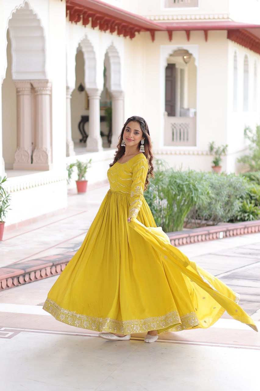 Yellow Elegant Vichitra Silk Sequin Embroidered Gown with Dupatta – Designer Full-Sleeve Square Neck Gown with Cotton Lining & 3-Meter Flair ClothsVilla