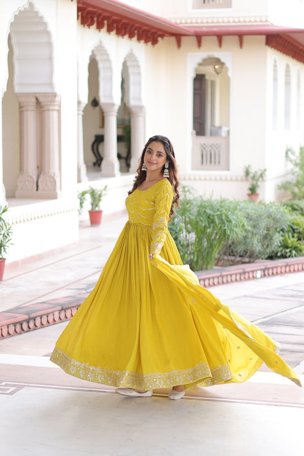 Yellow Elegant Vichitra Silk Sequin Embroidered Gown with Dupatta – Designer Full-Sleeve Square Neck Gown with Cotton Lining & 3-Meter Flair ClothsVilla