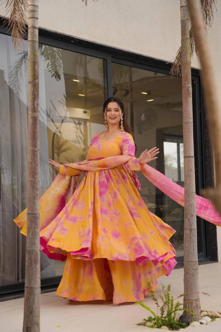 Yellow Elegant Vichitra Silk Set with Digital Print & Embroidery  Ready-to-Wear Top, Plazzo & Dupatta ClothsVilla