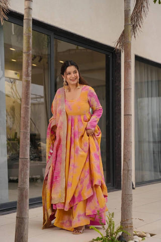 Yellow Elegant Vichitra Silk Set with Digital Print & Embroidery  Ready-to-Wear Top, Plazzo & Dupatta ClothsVilla