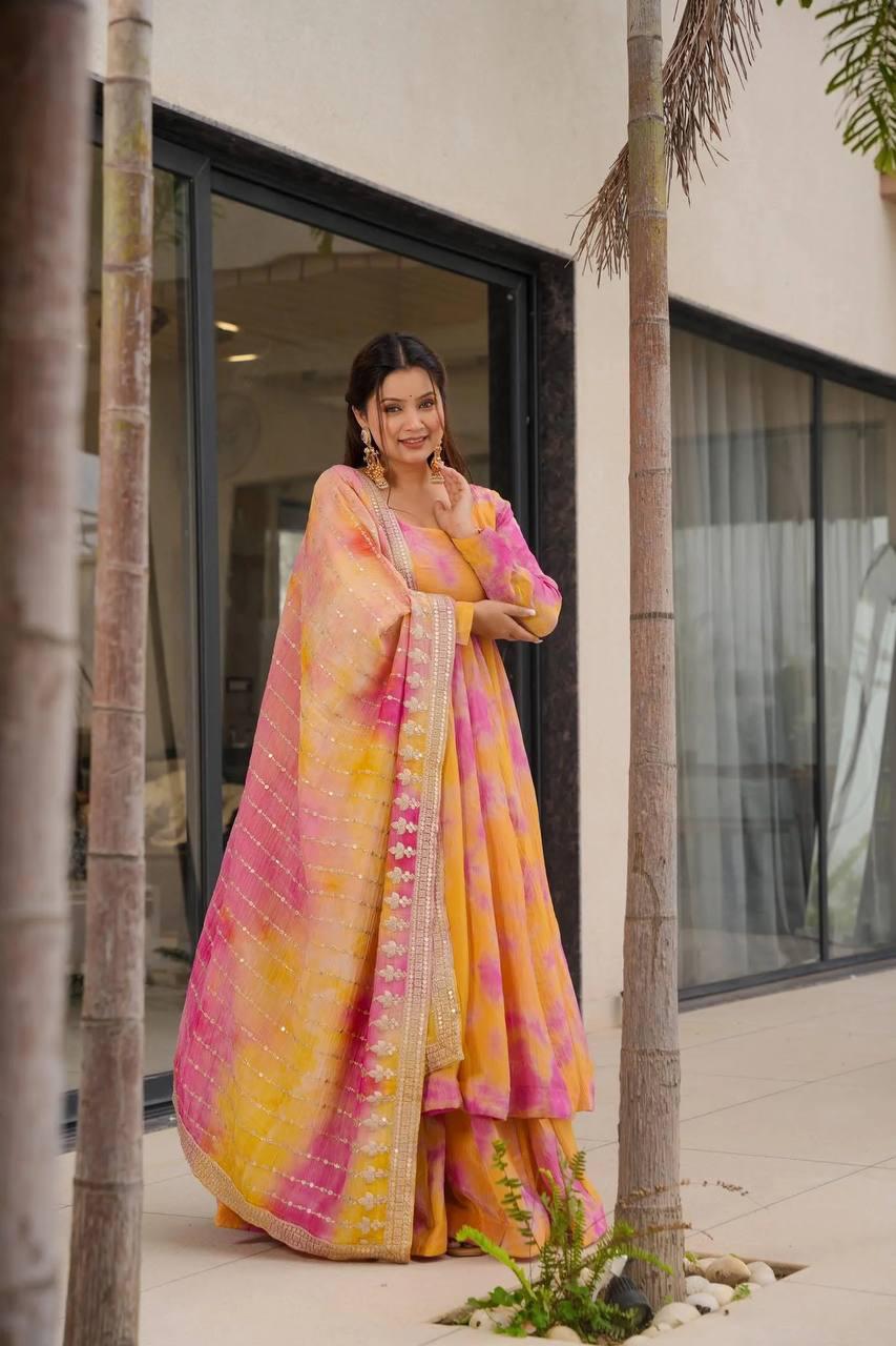 Yellow Elegant Vichitra Silk Set with Digital Print & Embroidery  Ready-to-Wear Top, Plazzo & Dupatta ClothsVilla