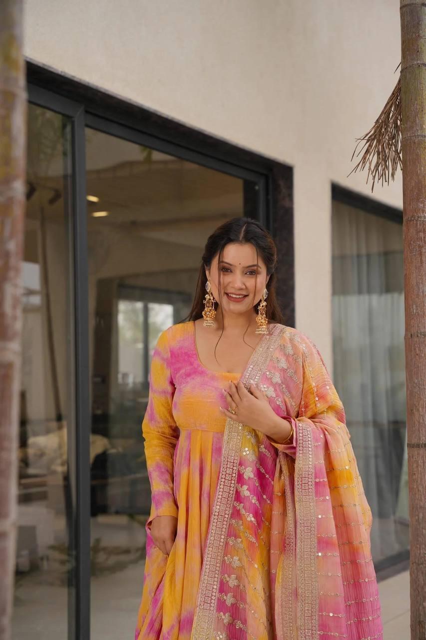 Yellow Elegant Vichitra Silk Set with Digital Print & Embroidery  Ready-to-Wear Top, Plazzo & Dupatta ClothsVilla