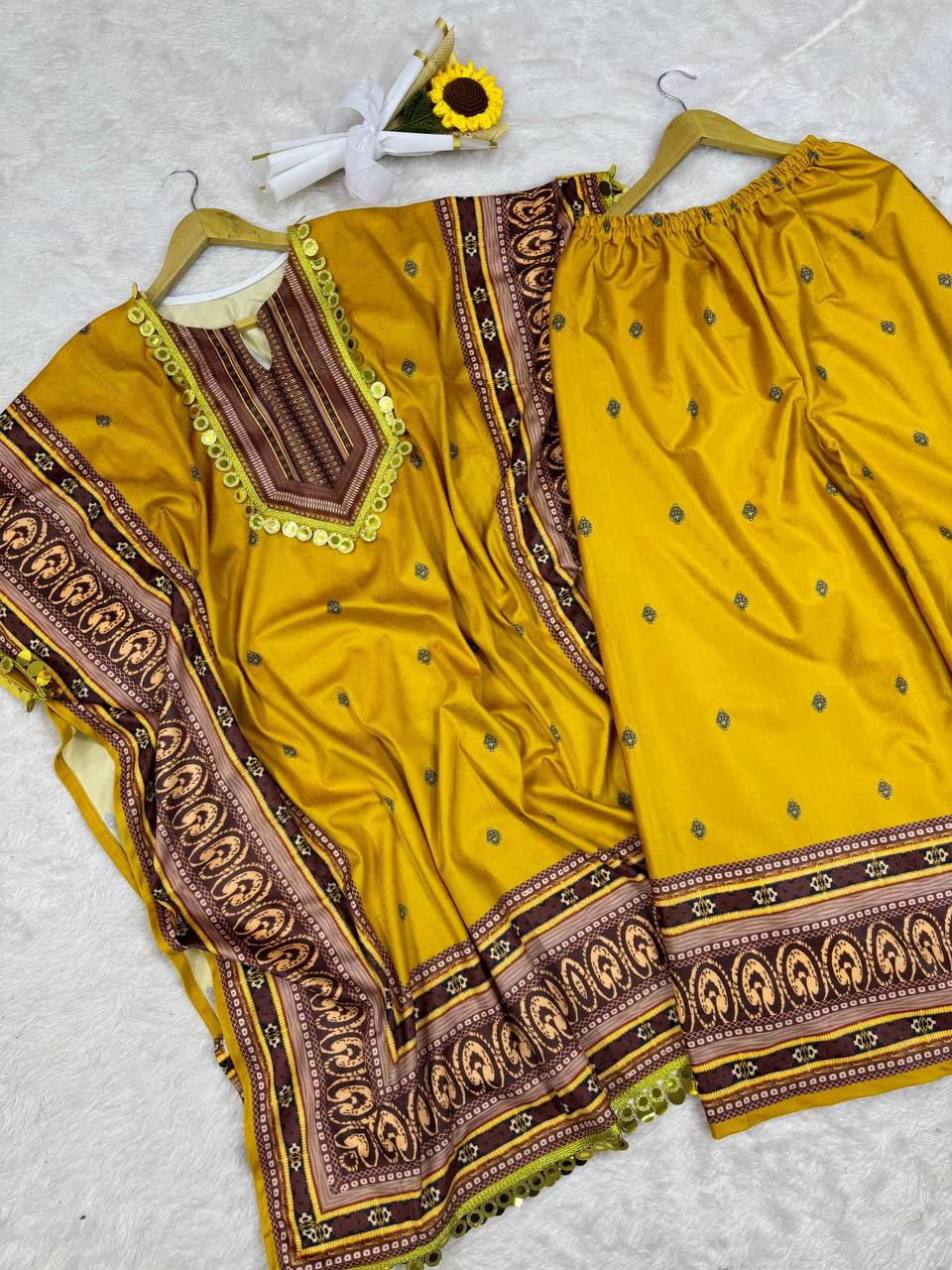 Yellow Elegant Viscose Velvet Kaftan with Plazo – Digital Print & Lace Border ClothsVilla