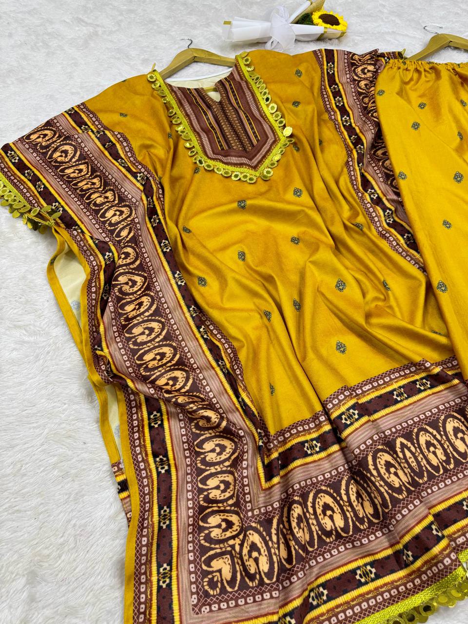 Yellow Elegant Viscose Velvet Kaftan with Plazo – Digital Print & Lace Border ClothsVilla