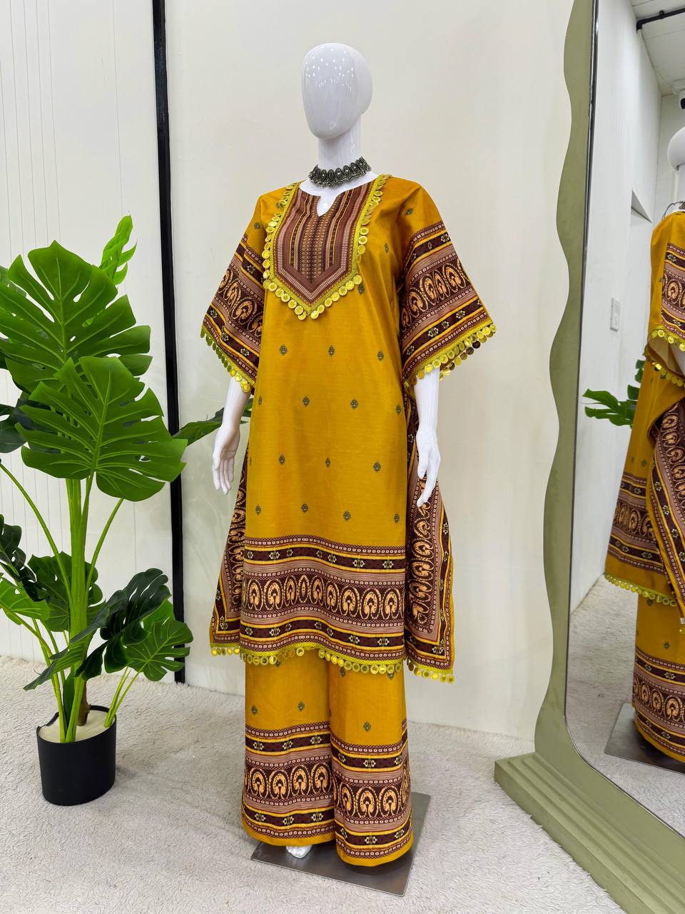 Yellow Elegant Viscose Velvet Kaftan with Plazo – Digital Print & Lace Border ClothsVilla