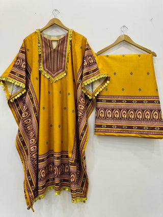 Yellow Elegant Viscose Velvet Kaftan with Plazo – Digital Print & Lace Border ClothsVilla