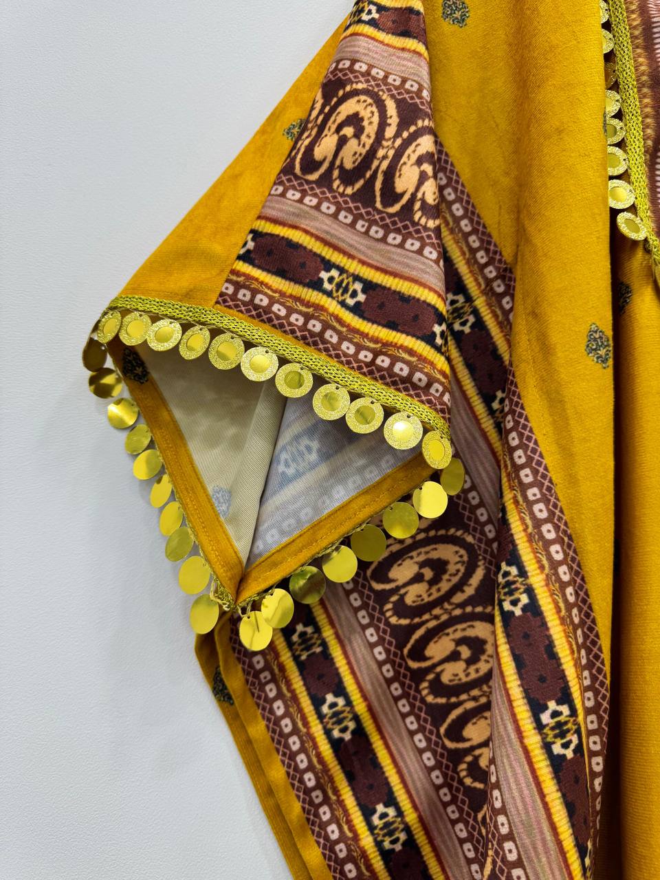 Yellow Elegant Viscose Velvet Kaftan with Plazo – Digital Print & Lace Border ClothsVilla