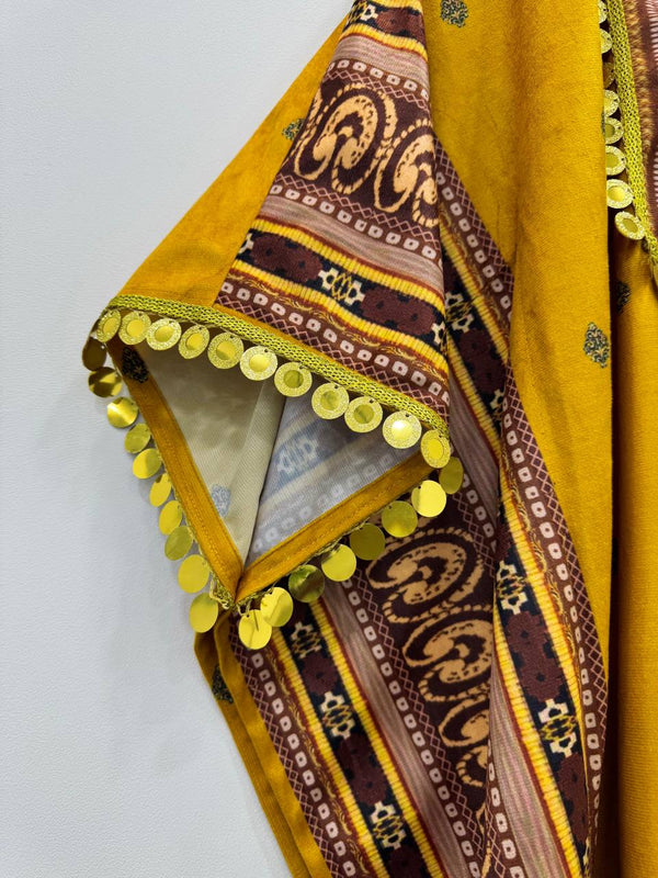 Yellow Elegant Viscose Velvet Kaftan with Plazo – Digital Print & Lace Border ClothsVilla