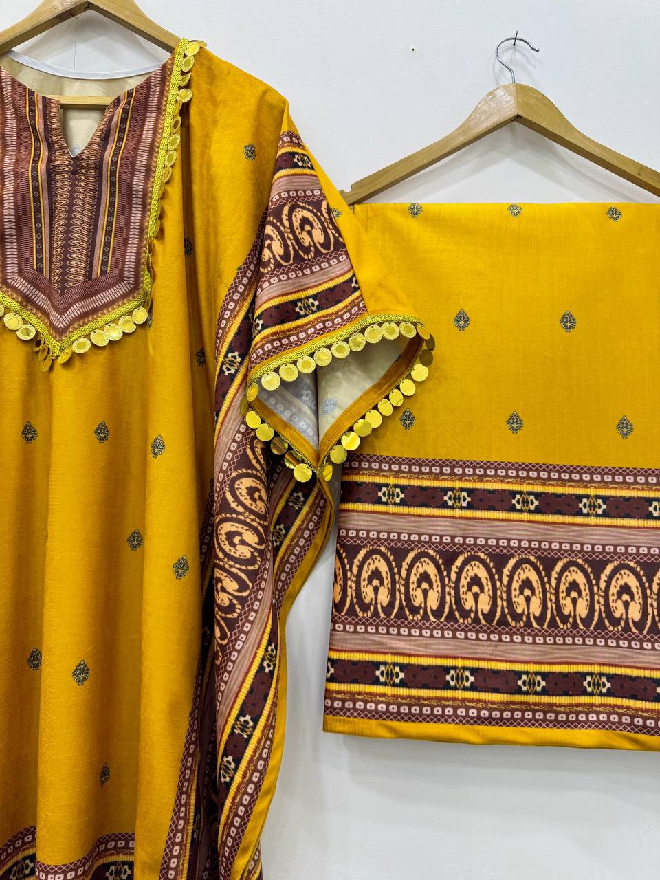 Yellow Elegant Viscose Velvet Kaftan with Plazo – Digital Print & Lace Border ClothsVilla