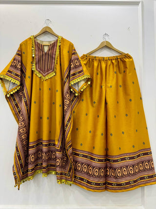 Yellow Elegant Viscose Velvet Kaftan with Plazo – Digital Print & Lace Border ClothsVilla