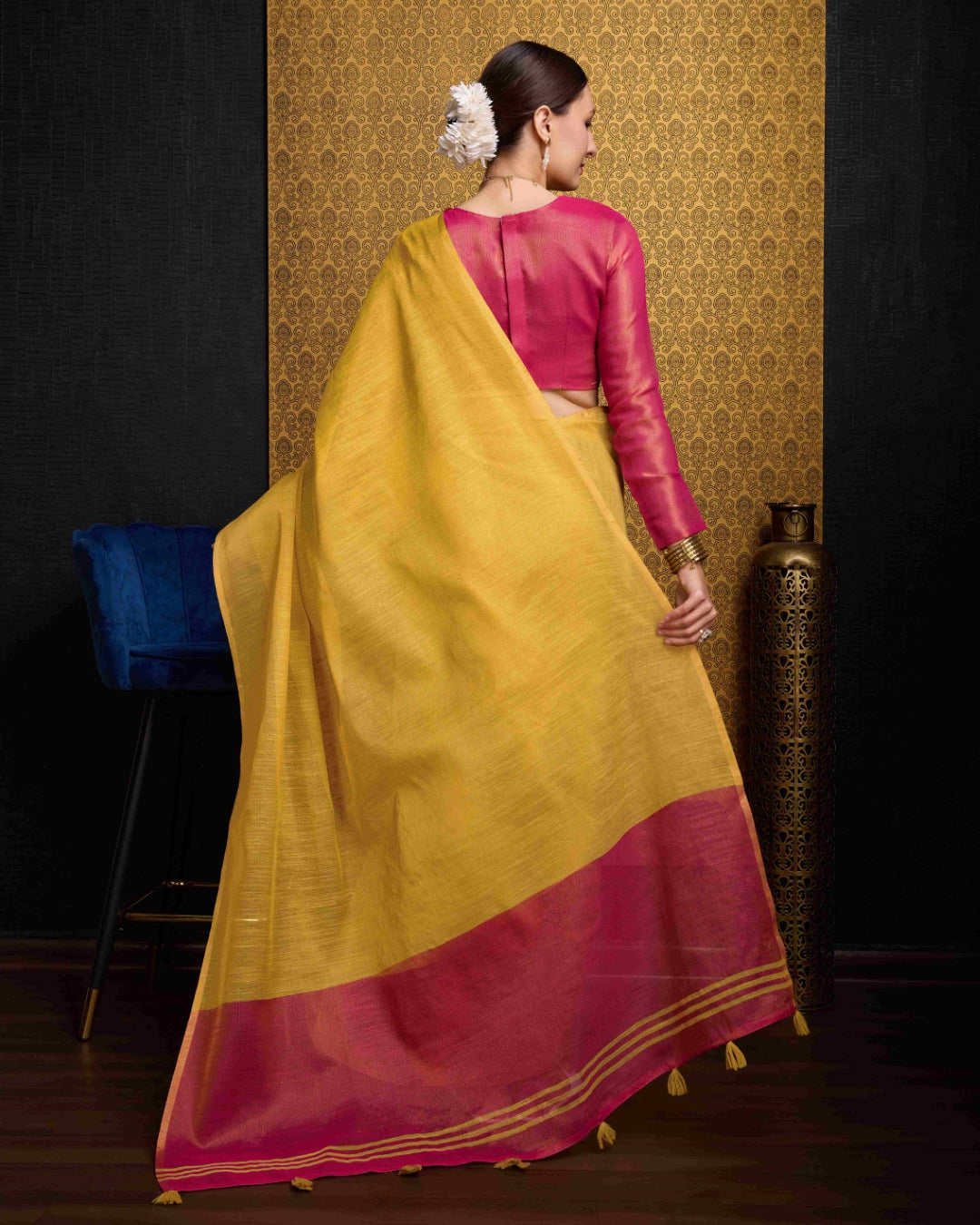 Yellow Elegant Woven Design Linen Blend Saree with Zari Border ClothsVilla