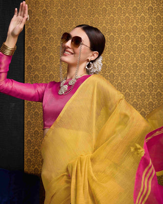 Yellow Elegant Woven Design Linen Blend Saree with Zari Border ClothsVilla