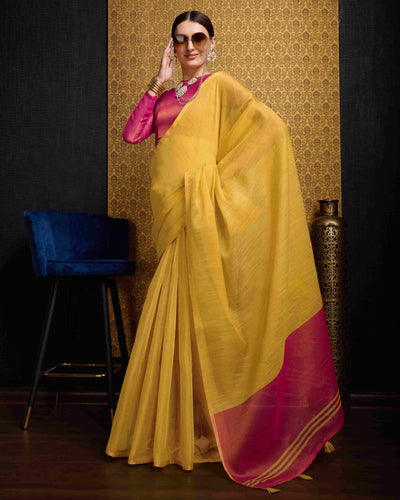 Yellow Elegant Woven Design Linen Blend Saree with Zari Border ClothsVilla