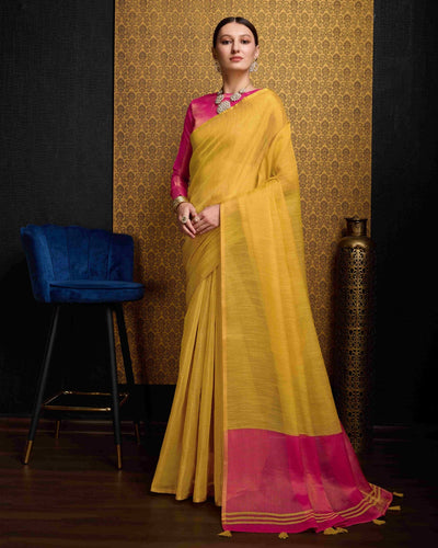 Yellow Elegant Woven Design Linen Blend Saree with Zari Border ClothsVilla