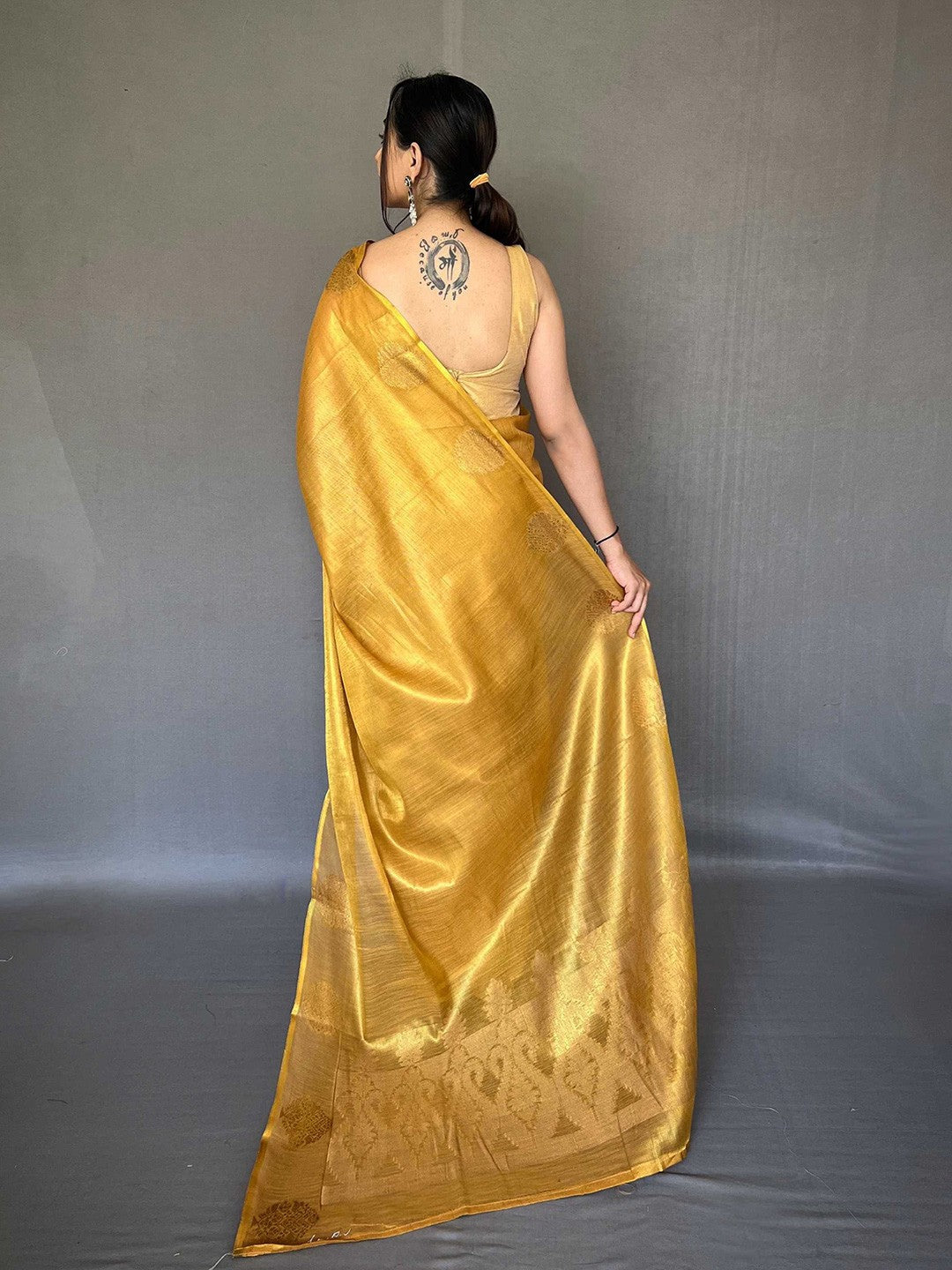 Yellow Elegant Woven Tissue Silk Saree with Gold Accents Party & Festive Wear ClothsVilla