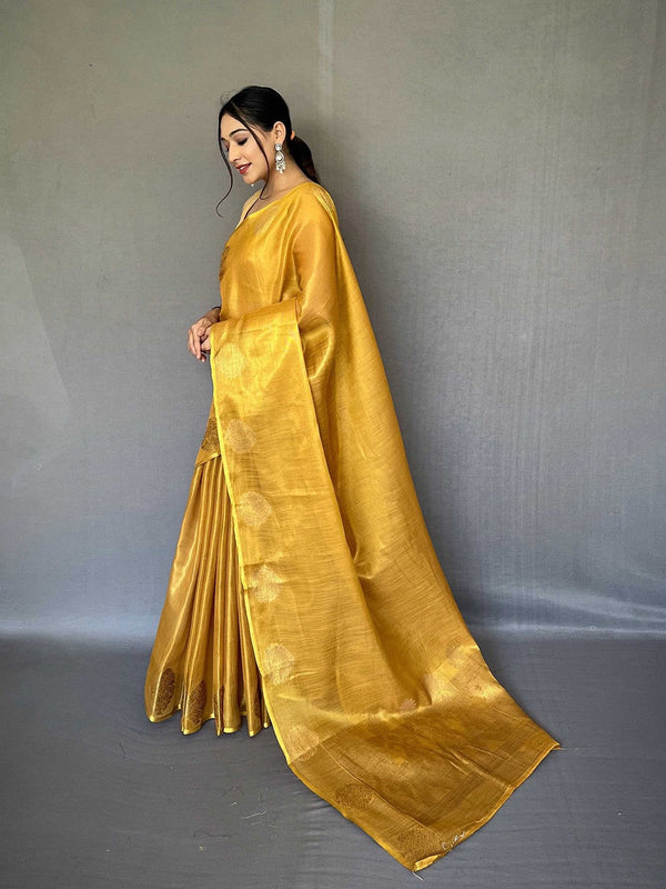 Yellow Elegant Woven Tissue Silk Saree with Gold Accents Party & Festive Wear ClothsVilla