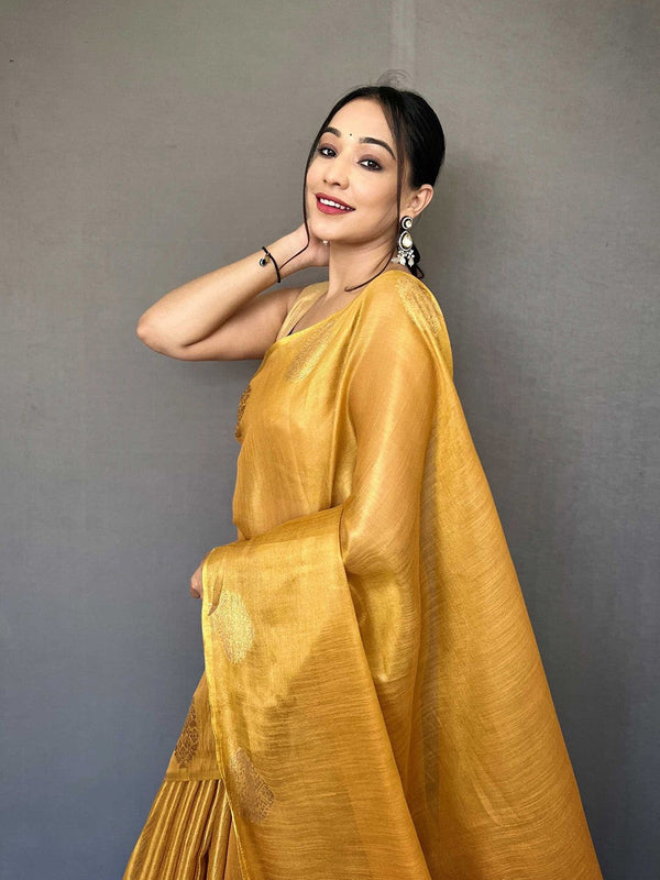 Yellow Elegant Woven Tissue Silk Saree with Gold Accents Party & Festive Wear ClothsVilla