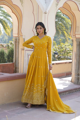Yellow Embroidered Faux Georgette Gown with Dupatta ClothsVilla