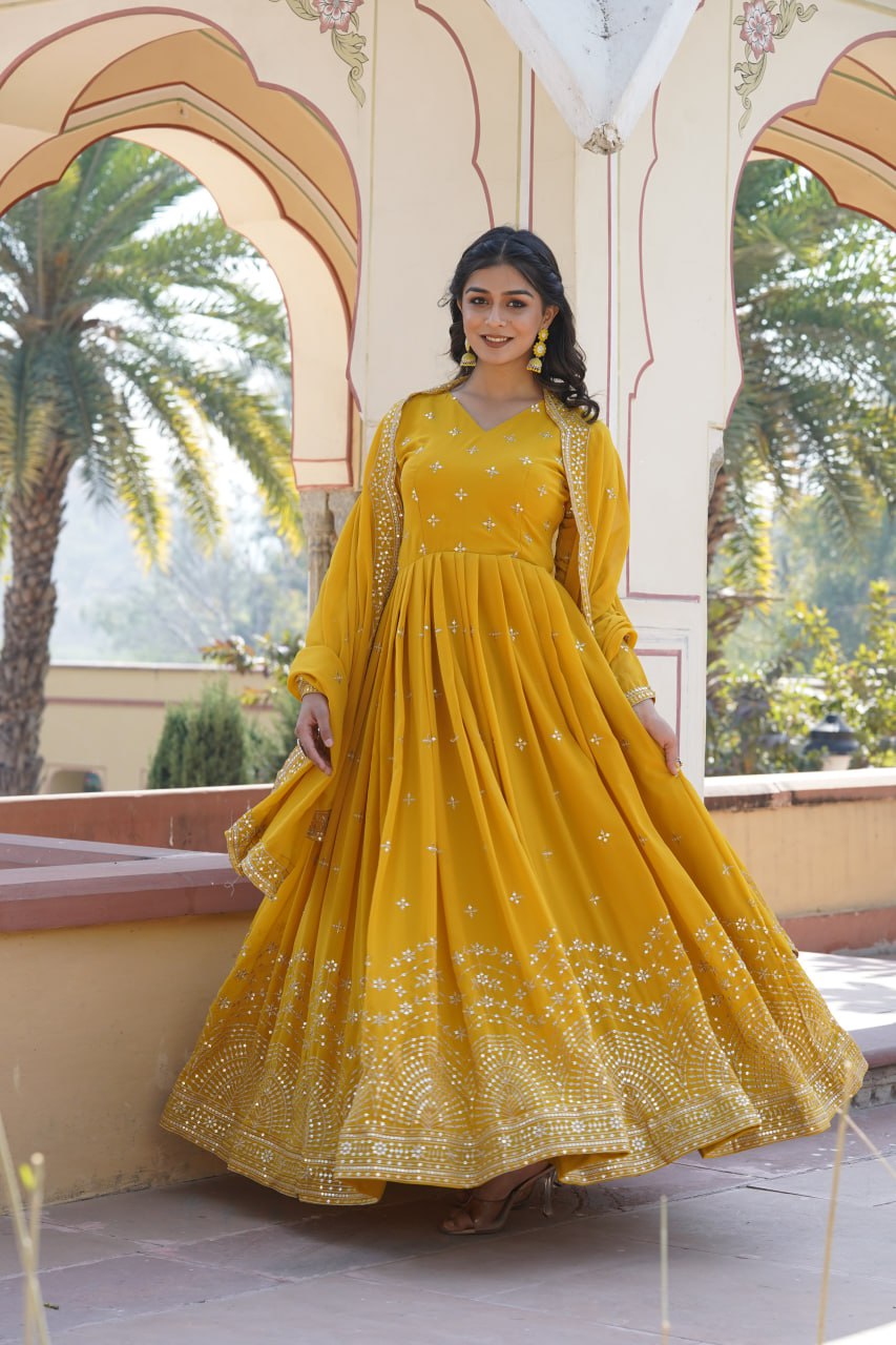 Yellow Embroidered Faux Georgette Gown with Dupatta ClothsVilla