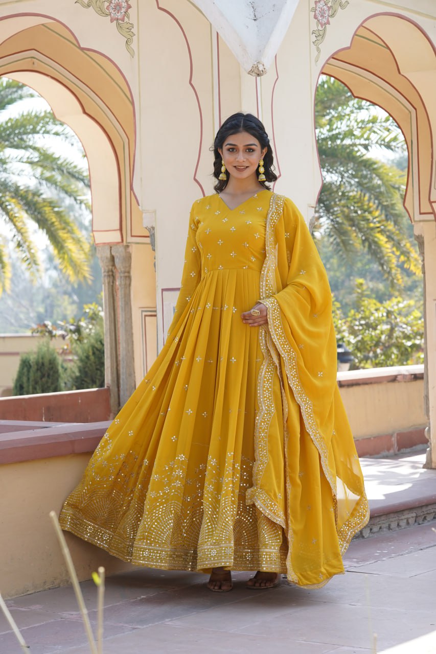 Yellow Embroidered Faux Georgette Gown with Dupatta ClothsVilla