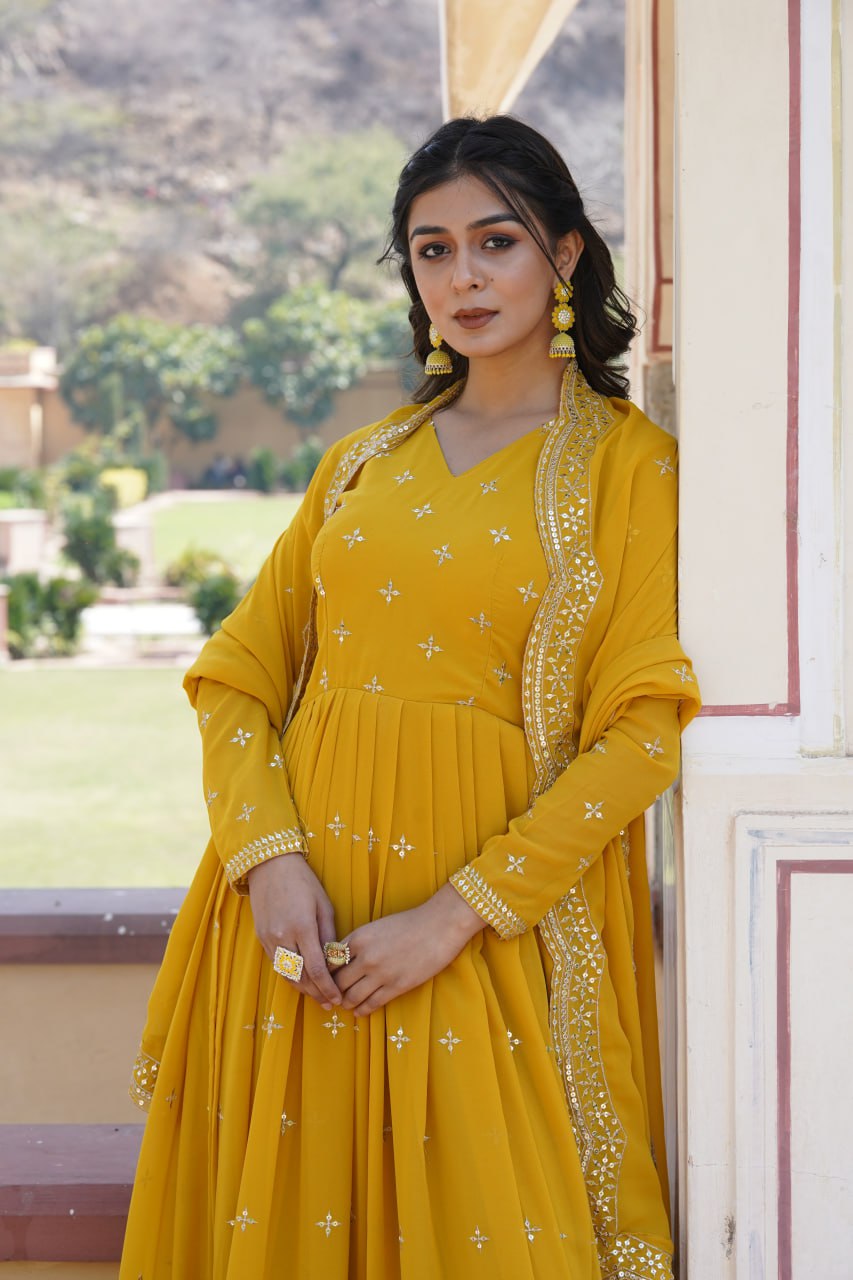 Yellow Embroidered Faux Georgette Gown with Dupatta ClothsVilla