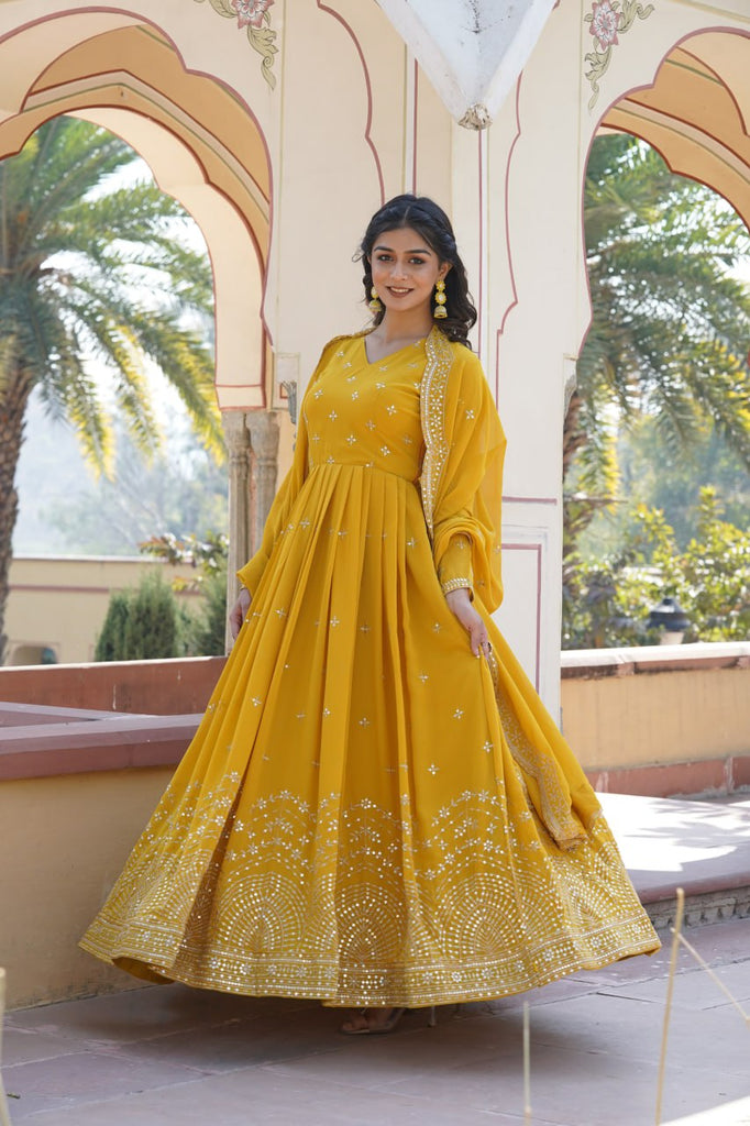 Yellow Embroidered Faux Georgette Gown with Dupatta ClothsVilla