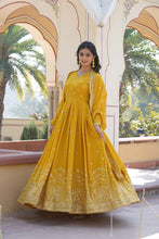 Load image into Gallery viewer, Yellow Embroidered Faux Georgette Gown with Dupatta ClothsVilla