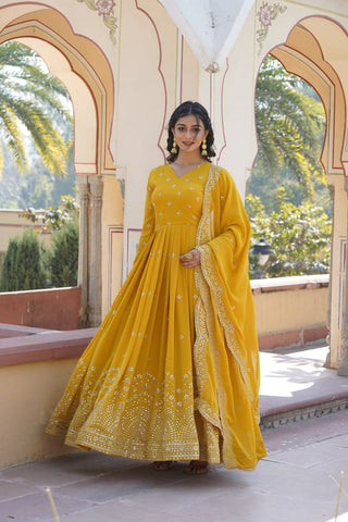 Yellow Embroidered Faux Georgette Gown with Dupatta ClothsVilla