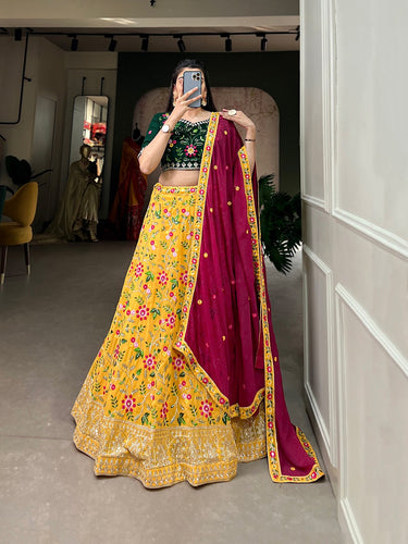 Shop Online Pink and Cream Embroidered Lehenga with Yellow Dupatta – Pure  Elegance