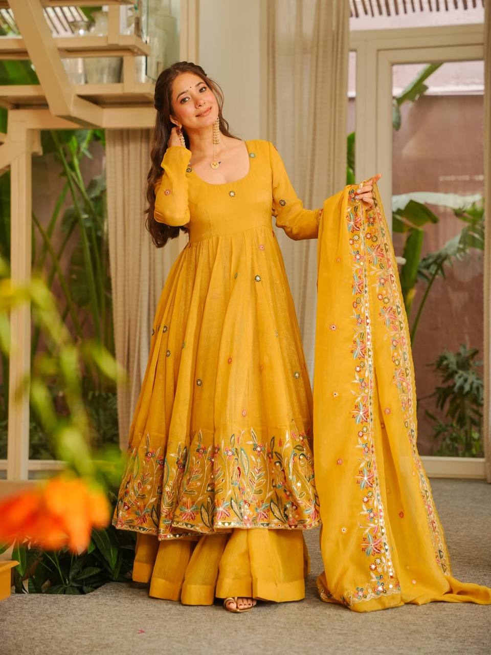 Yellow Embroidered Gown Sharara Set ClothsVilla