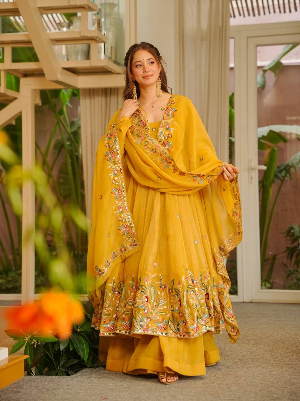 Yellow Embroidered Gown Sharara Set ClothsVilla