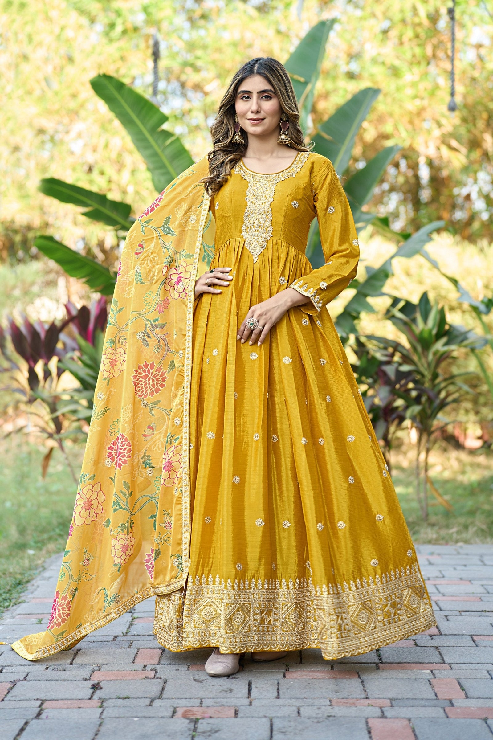 Yellow Embroidered Gown With Dupatta ClothsVilla
