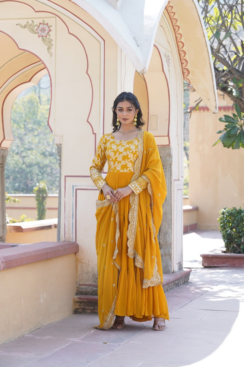Faux Blooming Yellow Embroidered Gown with Viscose Jacquard & Dupatta ClothsVilla Main image