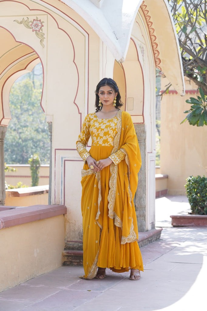 Faux Blooming Yellow Embroidered Gown with Viscose Jacquard & Dupatta ClothsVilla