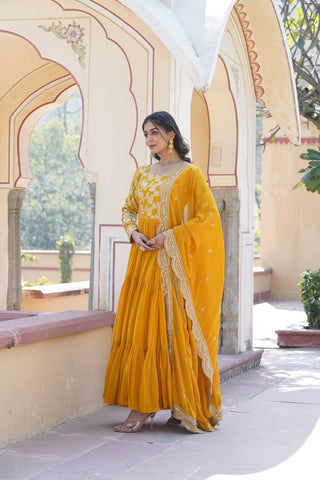 Faux Blooming Yellow Embroidered Gown with Viscose Jacquard & Dupatta ClothsVilla