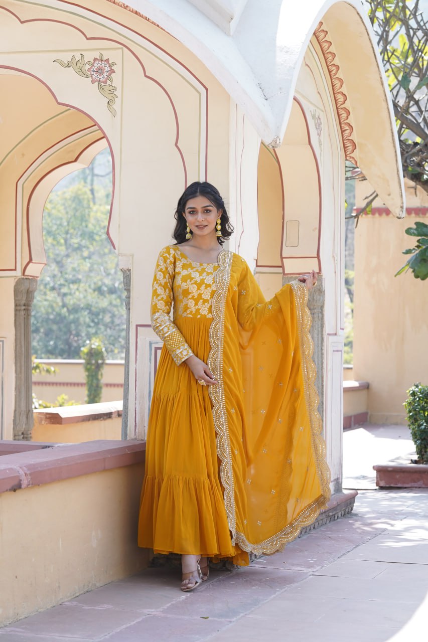 Faux Blooming Yellow Embroidered Gown with Viscose Jacquard & Dupatta ClothsVilla